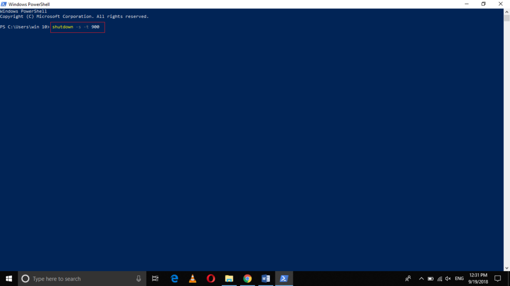 Shutdown Windows 10 using PowerShell in 15 minutes