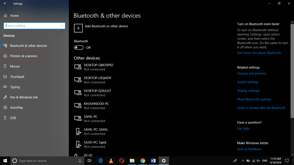 Devices tab in settings